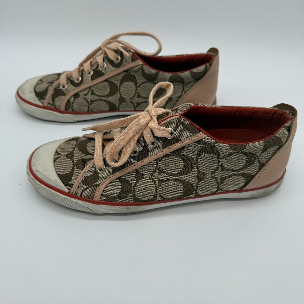 Coach Barrett Womens Brown signature logo sneakers Orange/Red trim size 9.5